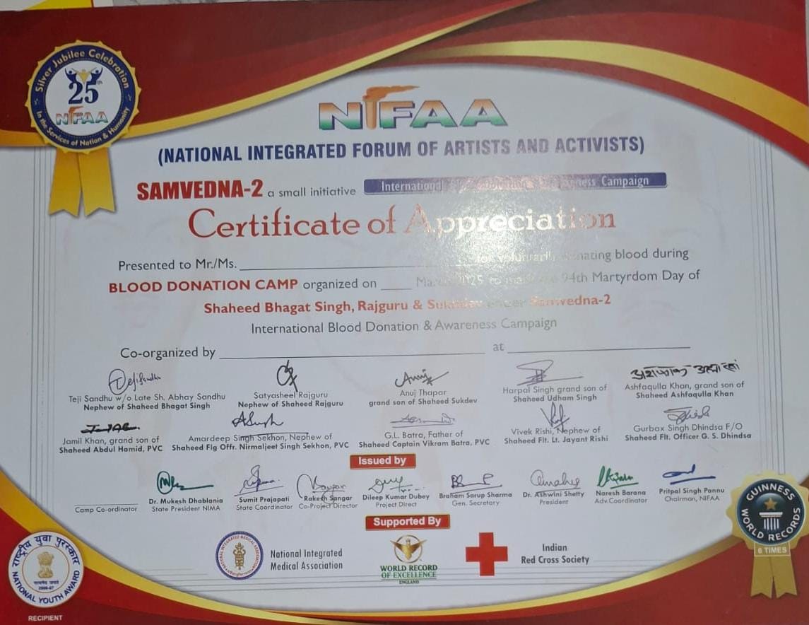 NIFAA Samvedna Blood Donation Certificate